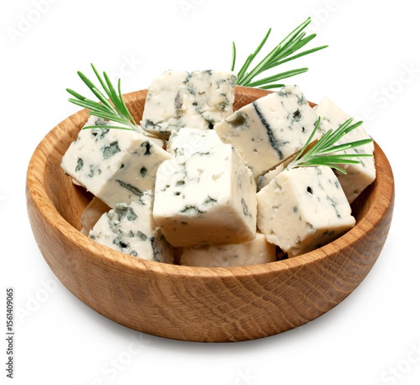 Obraz blue cheese in wooden bowl isolated on a white background. clipping path
