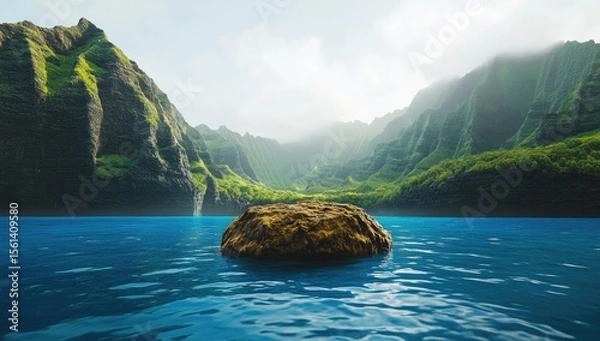 Obraz Tranquil Hawaiian valley with a lone rock. Lush green mountains meet a placid blue ocean, a single brown rock floats in the water.  Sunlight filters through the misty air