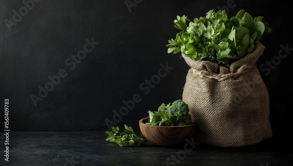 Obraz Fresh green vegetables in burlap sack and wooden bowl on dark surface