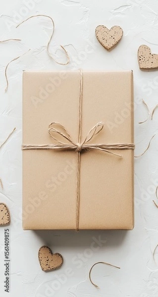 Obraz A beige gift box tied with twine sits atop a textured white surface.  Small, light brown heart-shaped decorations are scattered around