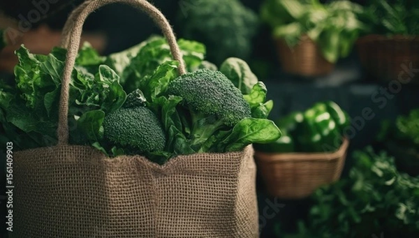 Obraz Burlap bag brimming with fresh green vegetables.  Broccoli, spinach, and other leafy greens fill a light beige jute bag, amidst other produce