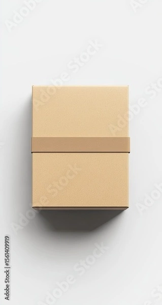 Obraz A light beige cardboard box, square-shaped, sits centrally on a plain white background.  A tan-colored strip of tape wraps horizontally across the middle of the box