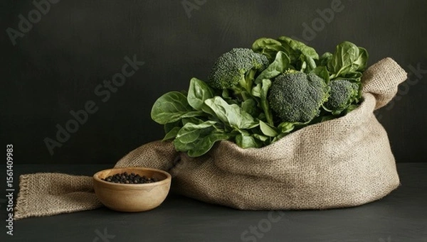 Obraz Fresh broccoli and spinach in a burlap sack, with peppercorns