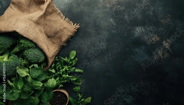 Obraz Fresh green vegetables on dark textured surface