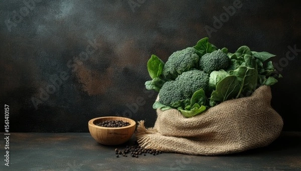Obraz Fresh broccoli and spinach in a burlap sack, with peppercorns (1)