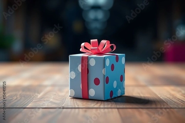Fototapeta Adorable and charming 3D-rendered cube-shaped gift box with a ribbon, perfect for festive scenes, holiday packaging concepts, and cheerful decorative digital illustrations