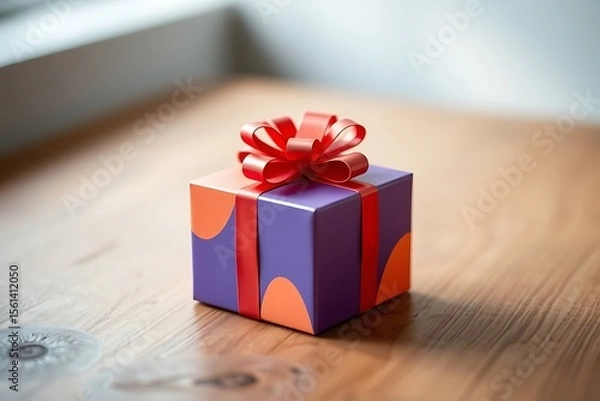Fototapeta Adorable and charming 3D-rendered cube-shaped gift box with a ribbon, perfect for festive scenes, holiday packaging concepts, and cheerful decorative digital illustrations