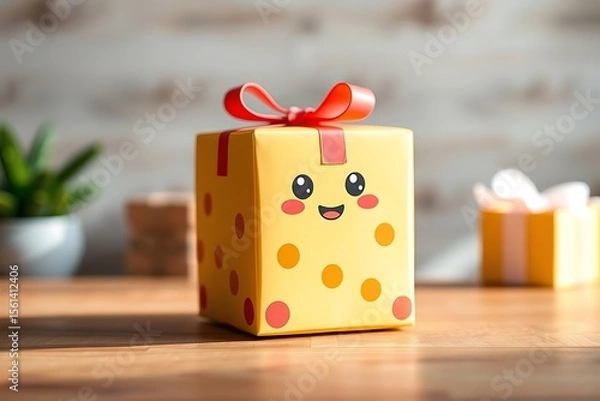 Fototapeta Adorable and charming 3D-rendered cube-shaped gift box with a ribbon, perfect for festive scenes, holiday packaging concepts, and cheerful decorative digital illustrations
