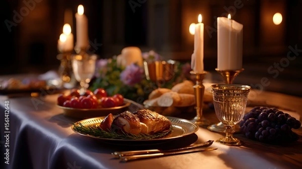 Fototapeta Festive dinner table setting with candles and seasonal dishes.