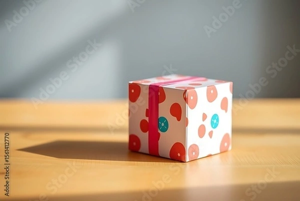 Fototapeta Adorable and charming 3D-rendered cube-shaped gift box with a ribbon, perfect for festive scenes, holiday packaging concepts, and cheerful decorative digital illustrations