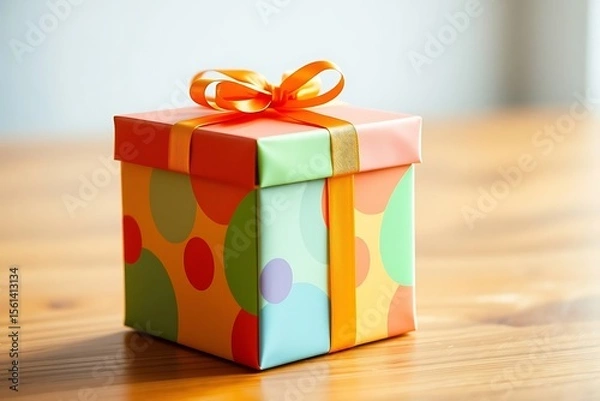 Fototapeta Adorable and charming 3D-rendered cube-shaped gift box with a ribbon, perfect for festive scenes, holiday packaging concepts, and cheerful decorative digital illustrations