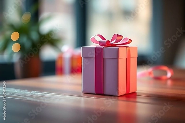 Fototapeta Adorable and charming 3D-rendered cube-shaped gift box with a ribbon, perfect for festive scenes, holiday packaging concepts, and cheerful decorative digital illustrations