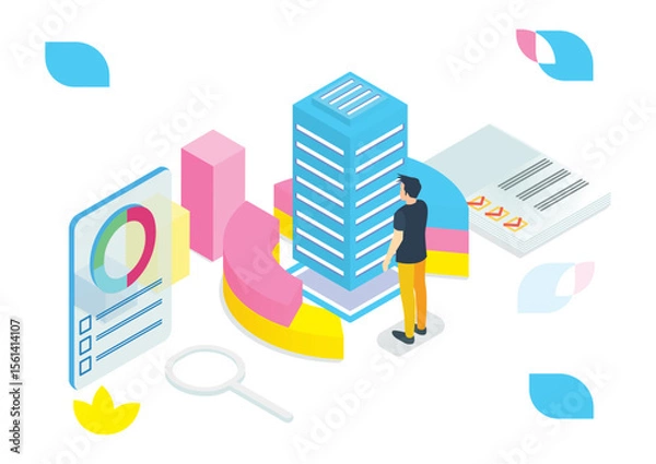 Fototapeta Isometric Expert team for Data Analysis, Business Statistic, Management, Consulting, Marketing. Advanced analytics, research, audit, demographics, Artificial Intelligence, planning, management.