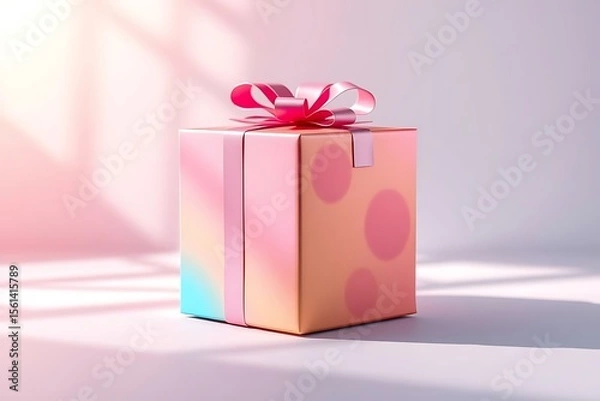 Fototapeta Adorable and charming 3D-rendered cube-shaped gift box with a ribbon, perfect for festive scenes, holiday packaging concepts, and cheerful decorative digital illustrations