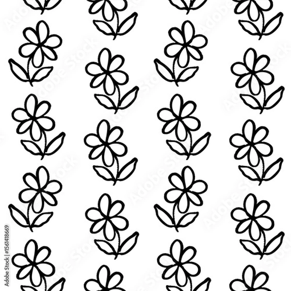 Obraz Floral vector pattern featuring simple black flowers with leaves against a white background