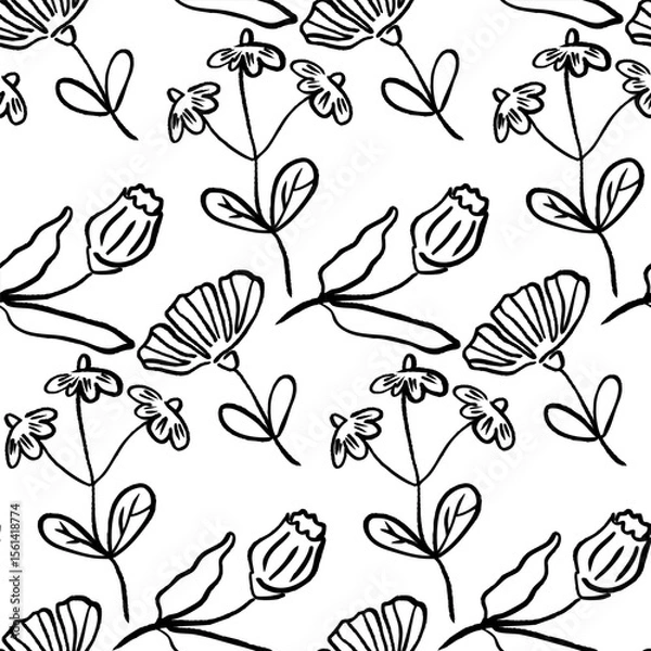 Obraz Elegant floral vector pattern featuring hand-drawn flowers and leaves on a simple white background.