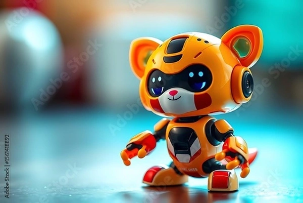 Fototapeta Adorable and energetic 3D-rendered toy robot with expressive features and playful design, perfect for children’s toys, futuristic characters, and creative digital illustrations