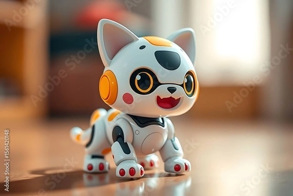 Fototapeta Adorable and energetic 3D-rendered toy robot with expressive features and playful design, perfect for children’s toys, futuristic characters, and creative digital illustrations