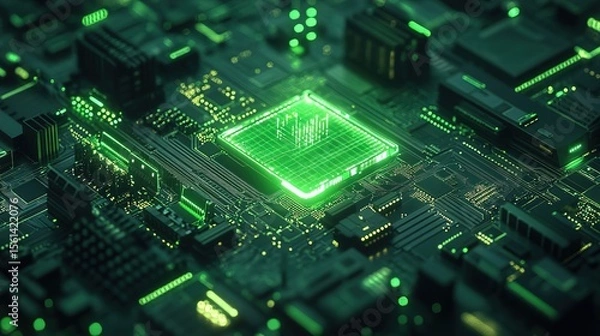 Fototapeta Futuristic High Tech Motherboard Illustration with Central Processing Unit Green Light