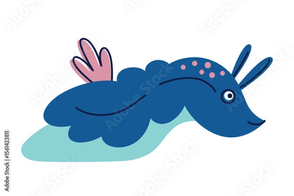 Fototapeta Flat cartoon vector illustration of cute sea slug character with colorful body and horn like appendages. Underwater animal for marine designs, ocean life visuals, kids books, educational materials
