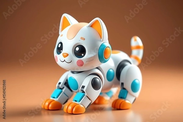 Fototapeta Adorable and energetic 3D-rendered toy robot with expressive features and playful design, perfect for children’s toys, futuristic characters, and creative digital illustrations