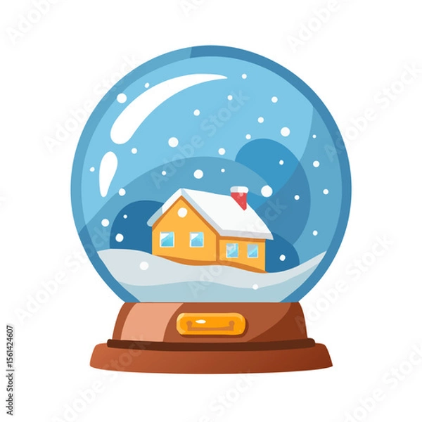 Fototapeta Cute snow globe with tiny house and snowfall. Winter clipart on white background. Vector illustration.