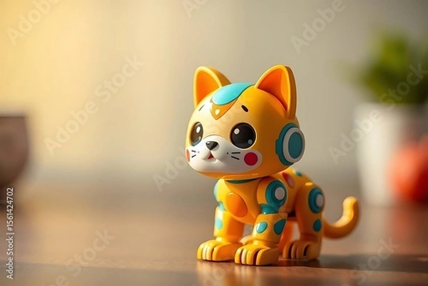 Fototapeta Adorable and energetic 3D-rendered toy robot with expressive features and playful design, perfect for children’s toys, futuristic characters, and creative digital illustrations