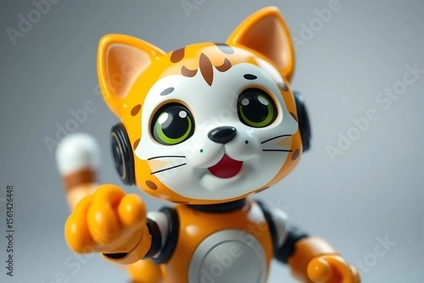 Fototapeta Adorable and energetic 3D-rendered toy robot with expressive features and playful design, perfect for children’s toys, futuristic characters, and creative digital illustrations