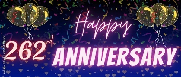 Fototapeta 262nd anniversary neon calligraphy text and number. Confetti and balloon isolated on elegant blue gradient background, sparkle, design for greeting card, print. Two hundred sixty two anniversary