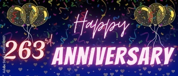 Fototapeta 263rd anniversary neon calligraphy text and number. Confetti and balloon isolated on elegant blue gradient background, sparkle, design for greeting card, print. Two hundred sixty three anniversary