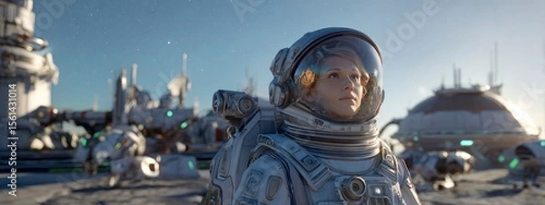 Obraz female astronaut in a next-generation space suit standing proudly in front of a futuristic space base on an alien planet. science, resilience, and interplanetary innovation. banner 
