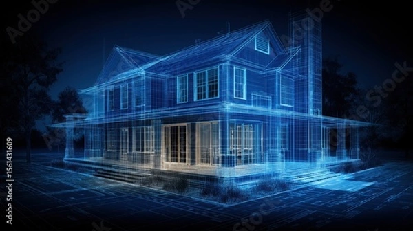 Fototapeta Illuminated wireframe blueprint of contemporary house construction design at night