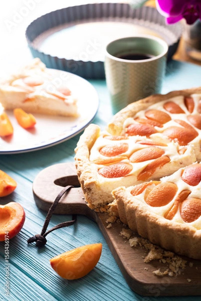 Fototapeta beautiful, appetizing apricot pie with cottage cheese
