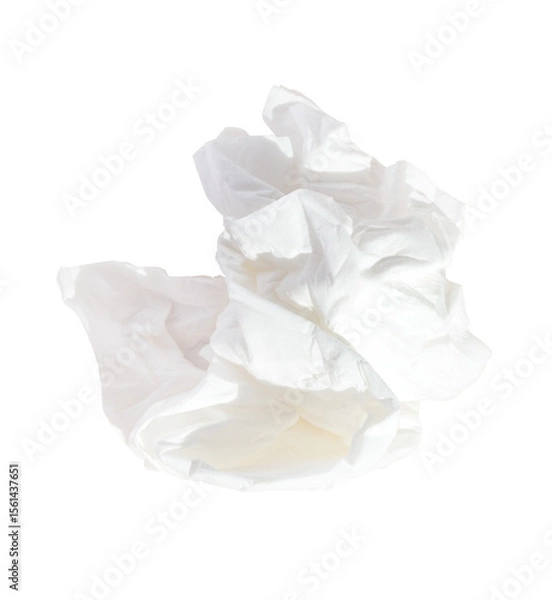 Obraz Used crumpled white facial tissue paper isolated on transparent background. Close-up of a used or wrinkled tissue, ideal for hygiene, health, or waste related concepts design.