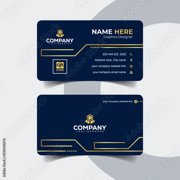 Obraz Professional Navy Blue and Gold Business Card Design with Classic Layout. Modern professional business card in navy blue background with shiny golden accents.