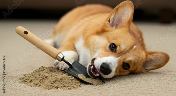 Fototapeta Adorable Corgi Puppy Playing with Garden Trowel in Sand