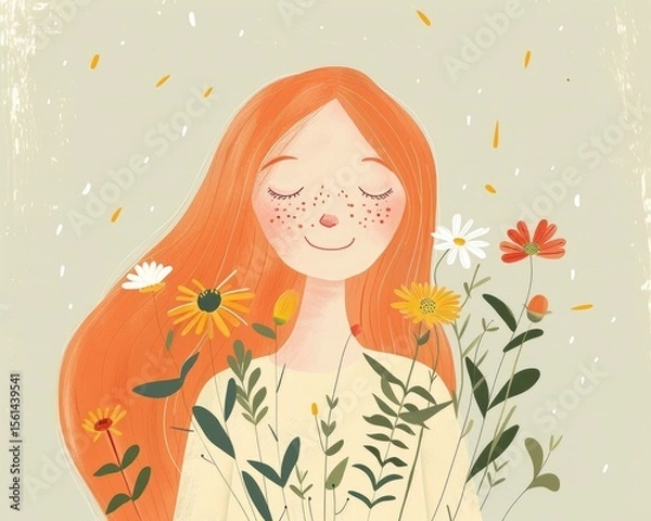 Obraz summer illustration of woman with flowers