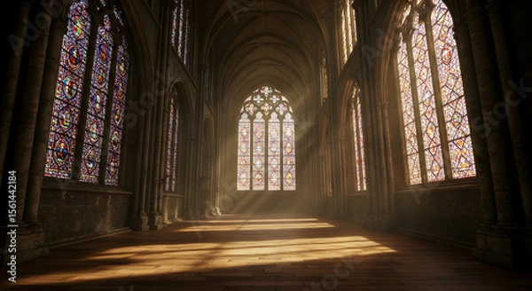 Fototapeta Sunlit Gothic Cathedral Aisle Tranquil Ancient Architecture