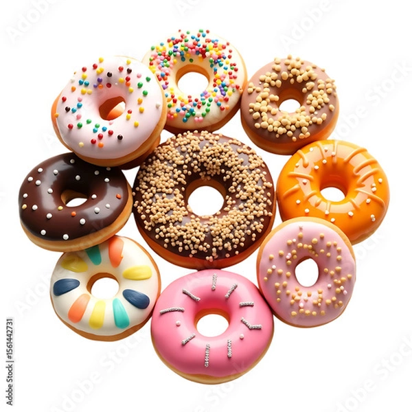 Fototapeta An appetizing assortment of colorful doughnuts, coated in various toppings, presents a delightful and tempting treat on black backdrop.