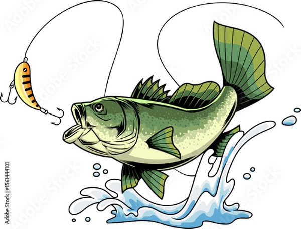 Fototapeta Funny Bass Fish Cartoon Character Jumping Out of Water to Bite Fishing Lure - Vector Hand Drawn Illustration Isolated On Transparent Background