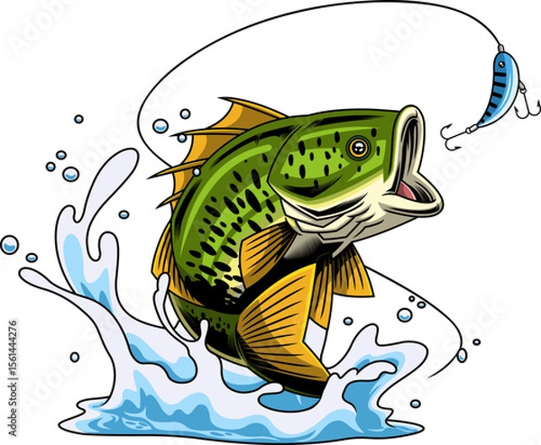 Fototapeta Aggressive Bass Fish Cartoon Character Leaping Toward Blue Lure - Vector Hand Drawn Illustration Isolated On Transparent Background