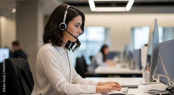 Fototapeta A focused woman wearing a headset types on a keyboard in a modern office setting.