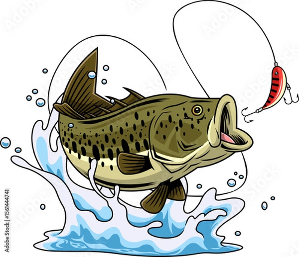 Fototapeta Realistic Bass Fish Cartoon Character Jumping at Red Lure - Vector Hand Drawn Illustration Isolated On Transparent Background