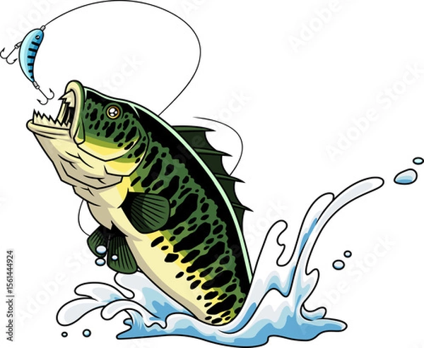 Fototapeta Mutant Bass Fish Cartoon Character with Sharp Teeth Leaping Out of Water - Vector Hand Drawn Illustration Isolated On Transparent Background