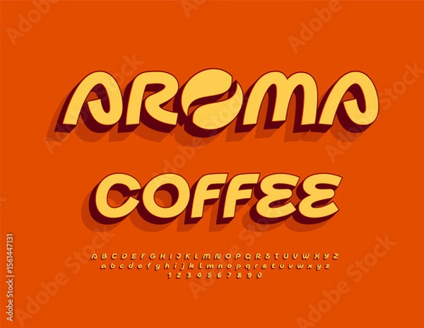 Fototapeta Vector Promo board Aroma Coffee  with Decorative Bean. Fashion 3D Font. Creative Cool Alphabet Letters and Numbers set.