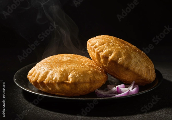 Obraz Hot fried Indian bread stuffed with spicy filling served with sliced onion on black plate, delicious snack with crispy texture and warm aroma