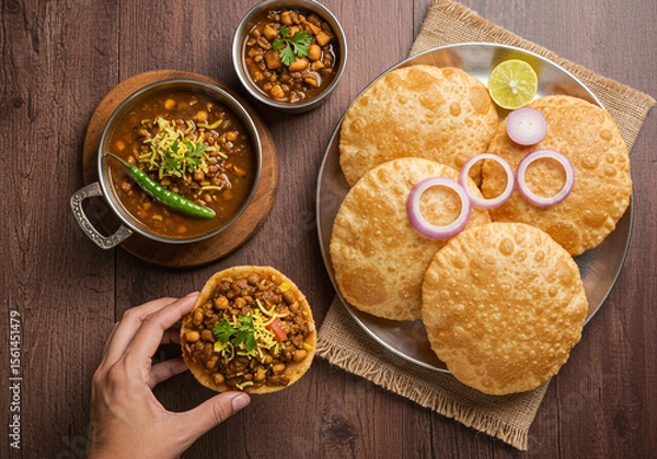 Obraz Spicy Indian chole curry served with crispy puri bread and garnished with fresh coriander, onion rings, and lime on wooden table, showcasing traditional vegetarian cuisine