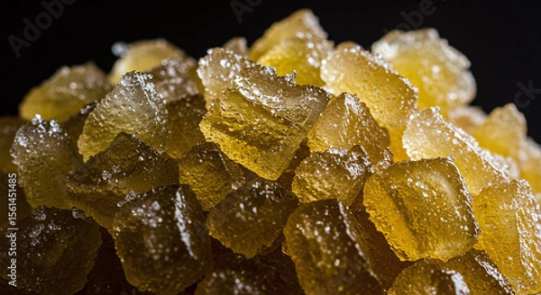 Obraz Golden translucent gummy candy cubes with sugar crystals sparkle under light, creating tempting and sweet texture close up image