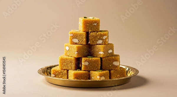 Obraz Indian sweet dessert barfi stacked in pyramid shape on metal plate with nuts embedded, showcasing traditional festive treat with rich texture and warm tones