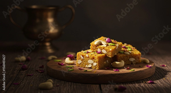 Obraz Indian sweet bar with cashew nut and pistachio on wooden board with dark background, warm light creating cozy and inviting atmosphere